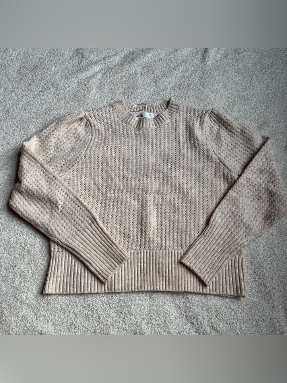 Elodie Beige Open-Knit Crewneck Sweater